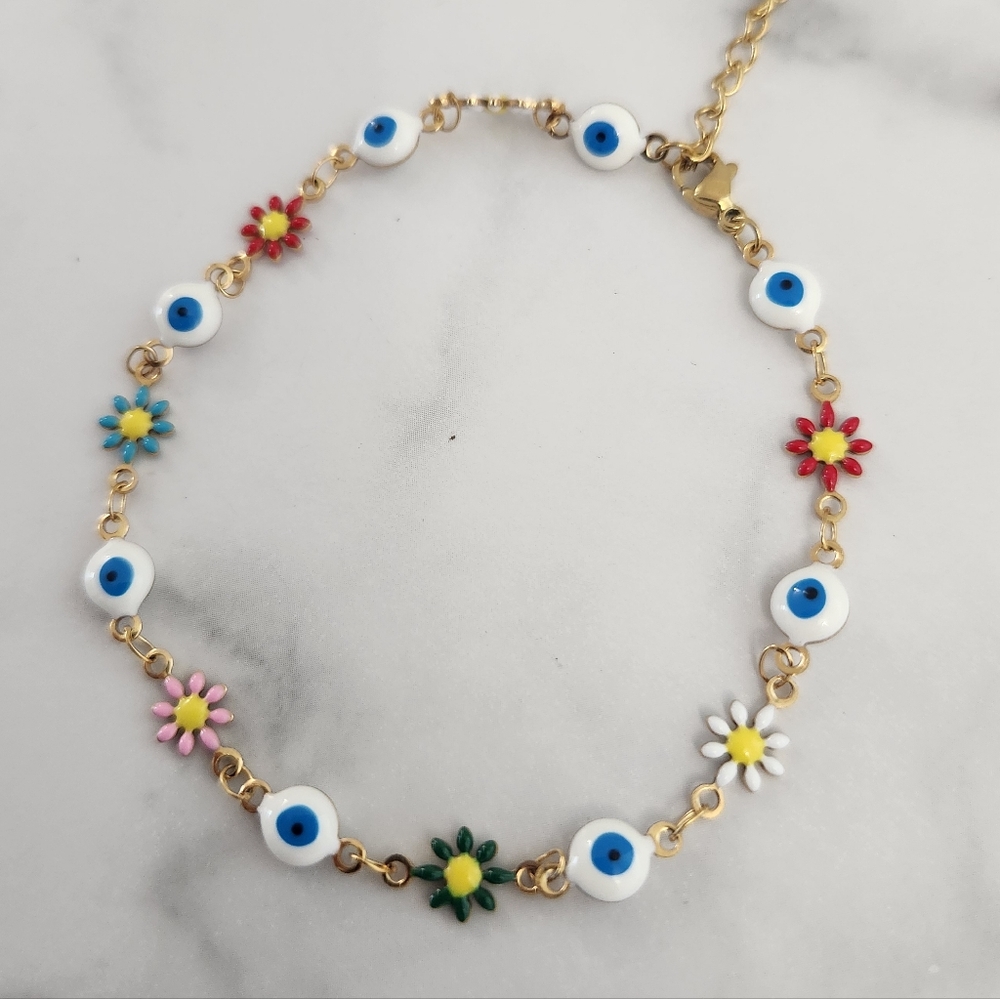 Multi Color Stainless Steel Floral Evil Eye Charm Anklet Summer Accesories - Picture 12 of 16